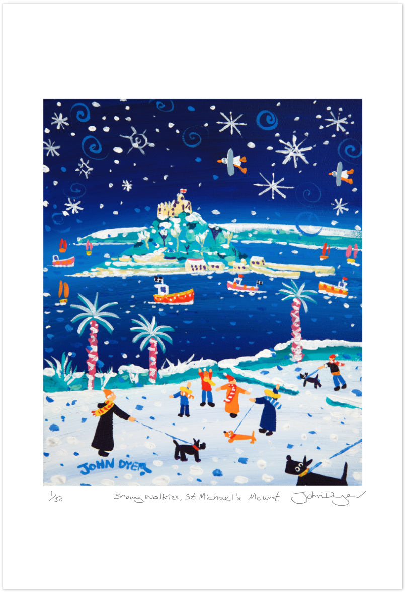 Cornish Art Signed Limited Edition Print by John Dyer. 'Snowy Walkies, St Michael's Mount'. Cornwall Art Gallery Print.