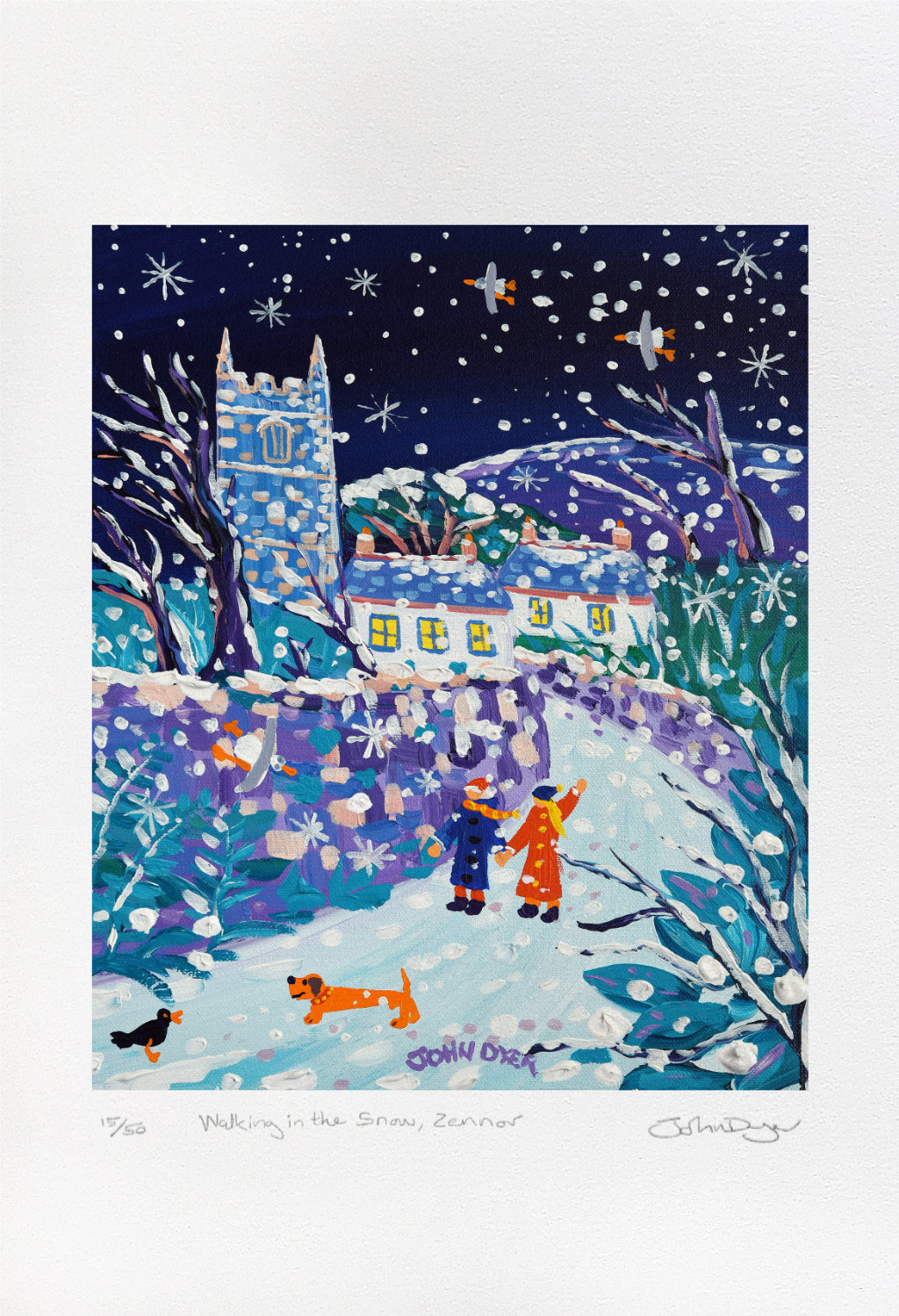 John Dyer Limited Edition Print. &#39;Walking in the Snow, Zennor&#39;. Cornwall Art Gallery Print.