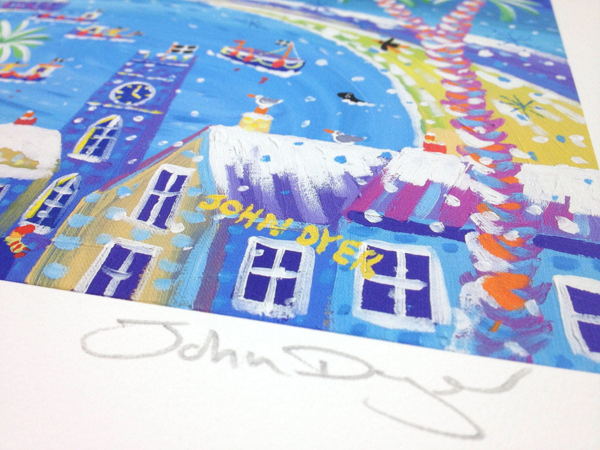 Signed Limited Edition Print by Cornish Artist John Dyer. &#39;Snowy St Ives&#39;. Cornwall Art Gallery Print