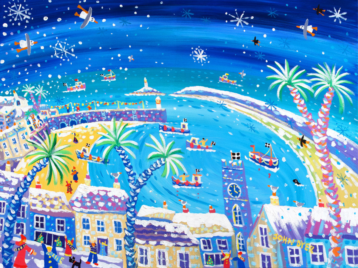 Signed Limited Edition Print by Cornish Artist John Dyer. &#39;Snowy St Ives&#39;. Cornwall Art Gallery Print