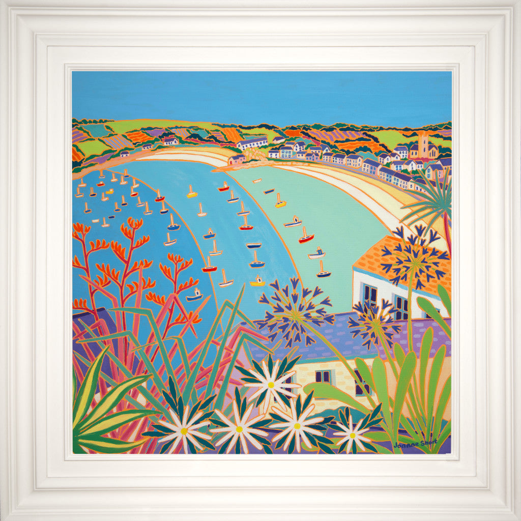 This stunning original oil painting of Hugh Town, St Mary’s, on the Isles of Scilly by Cornish artist Joanne Short, captures the beauty of this quaint Cornish town. The sub tropical plants in the foreground are typical of these islands with their warm, Mediterranean climate, and can be found all over St. Mary’s. This view is across the rooftops above the town, looking towards the harbour and cove below with the boats bobbing in the water. A perfect summer’s morning.