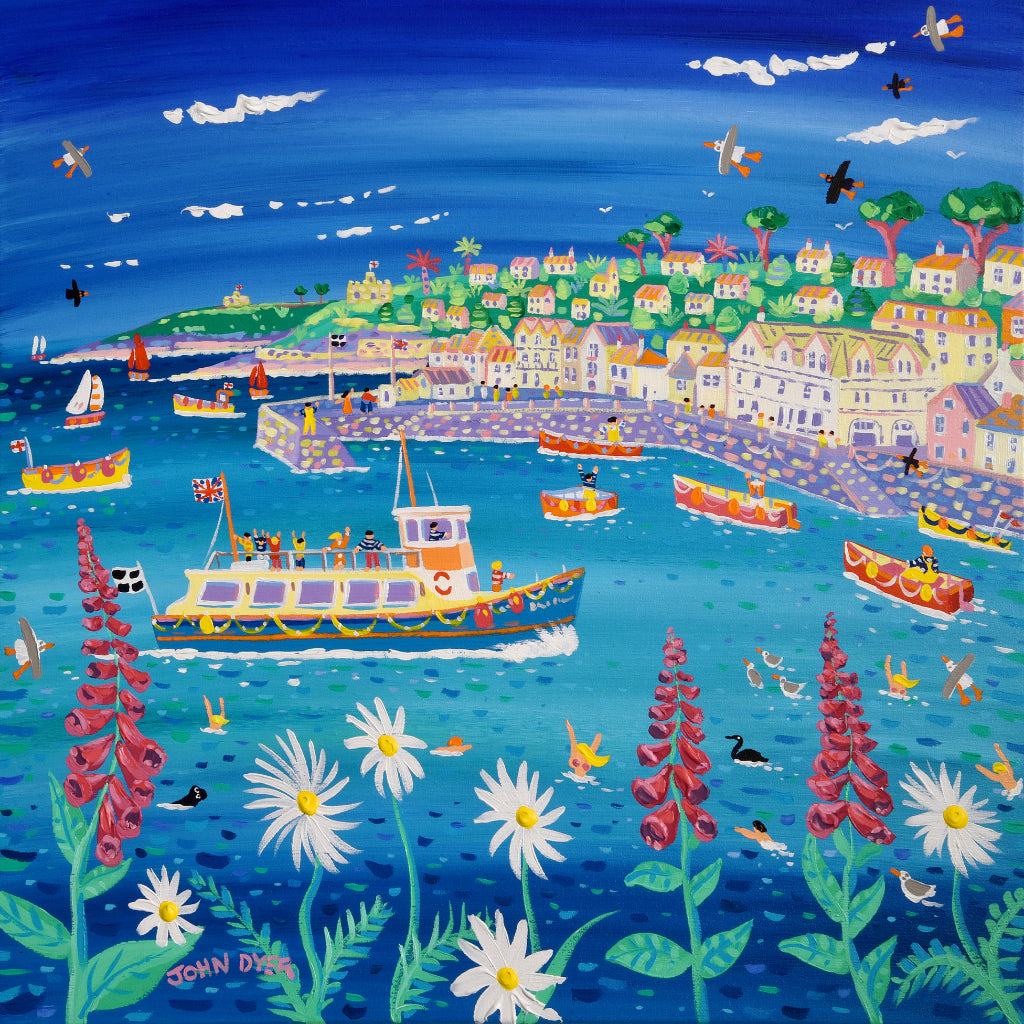 This stunning painting by Cornish artist John Dyer features the fun and colour of catching the St Mawes Ferry from Falmouth to the seaside village of St Mawes in Cornwall. Foxgloves and Cornish daisies fill the foreground through which we can see topless swimmers enjoying the cool water, seagulls and seals. A fabulously fun and narrative filled painting of St Mawes that is a fabulous example of this famous artist&#39;s work.