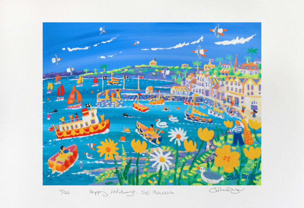 Signed Limited Edition Print by Cornish Artist John Dyer. &#39;Happy Holidays St Mawes&#39;. Cornwall Art Gallery Print