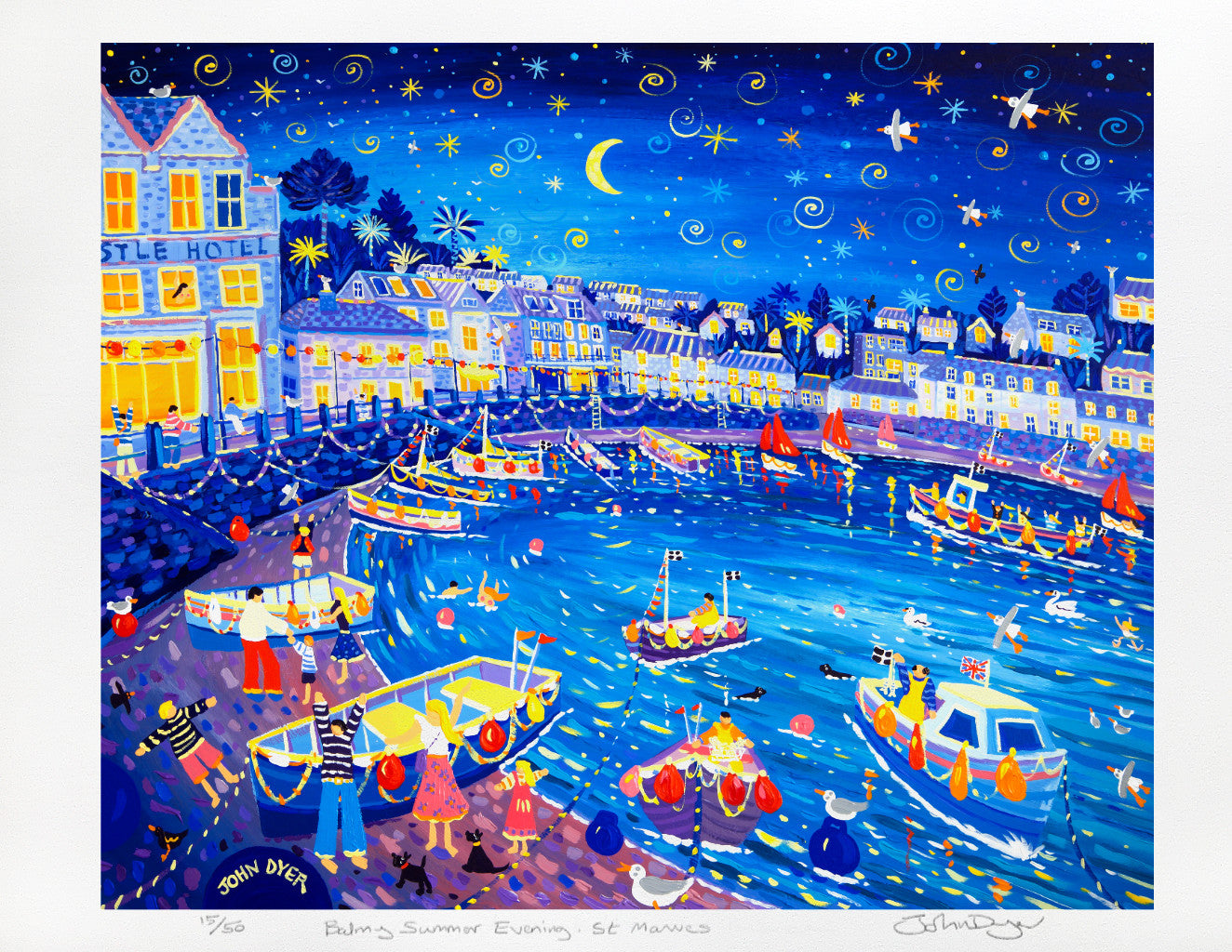 Cornish Art Signed Limited Edition Print by John Dyer. 'Balmy Summer Evening St Mawes'. Cornwall Art Gallery Print