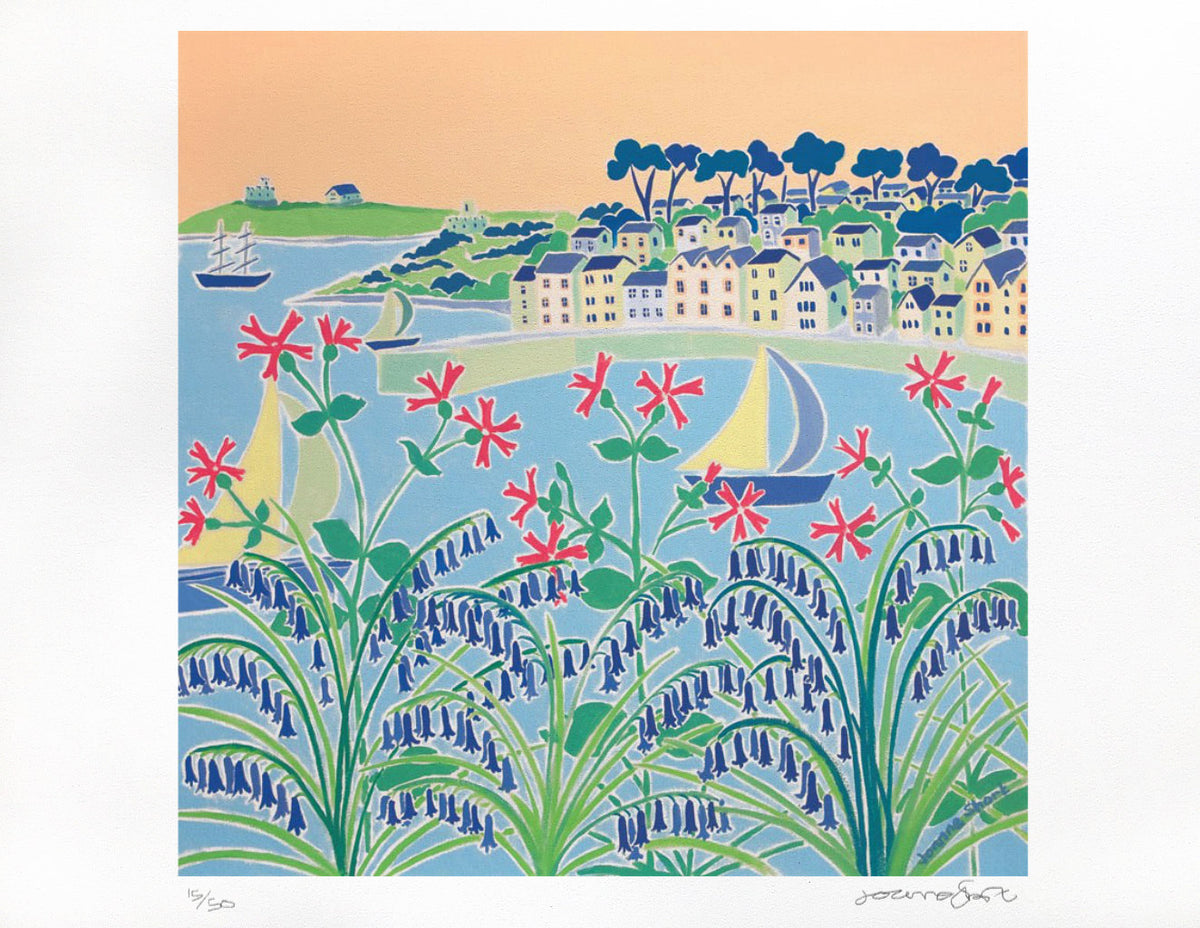 Joanne Short limited edition print of St mawes in Cornwall with bluebells and wildlowers