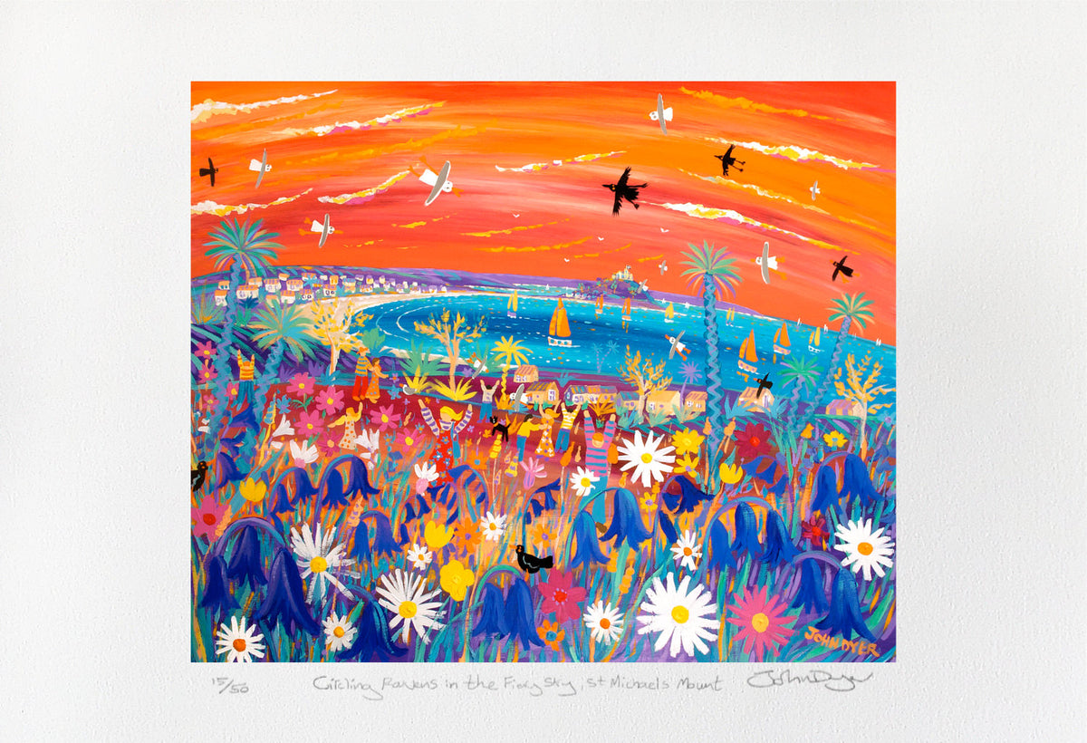 Limited Edition Print by Cornish Artist John Dyer. &#39;Circling Ravens in the Fiery Sky St Michael&#39;s Mount&#39;. Cornwall Art Gallery Print