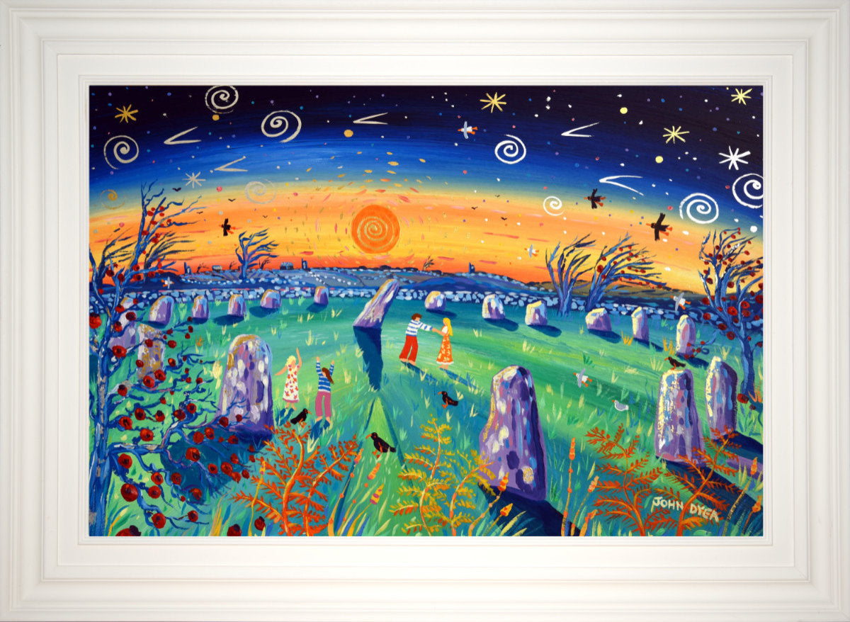&#39;Samhain Lovers, Boscawen-Ûn stone circle, Penwith&#39;. 24 x 36 inches original art acrylic on board. Paintings of Cornwall by Cornish Artist John Dyer from our Cornwall Art Gallery