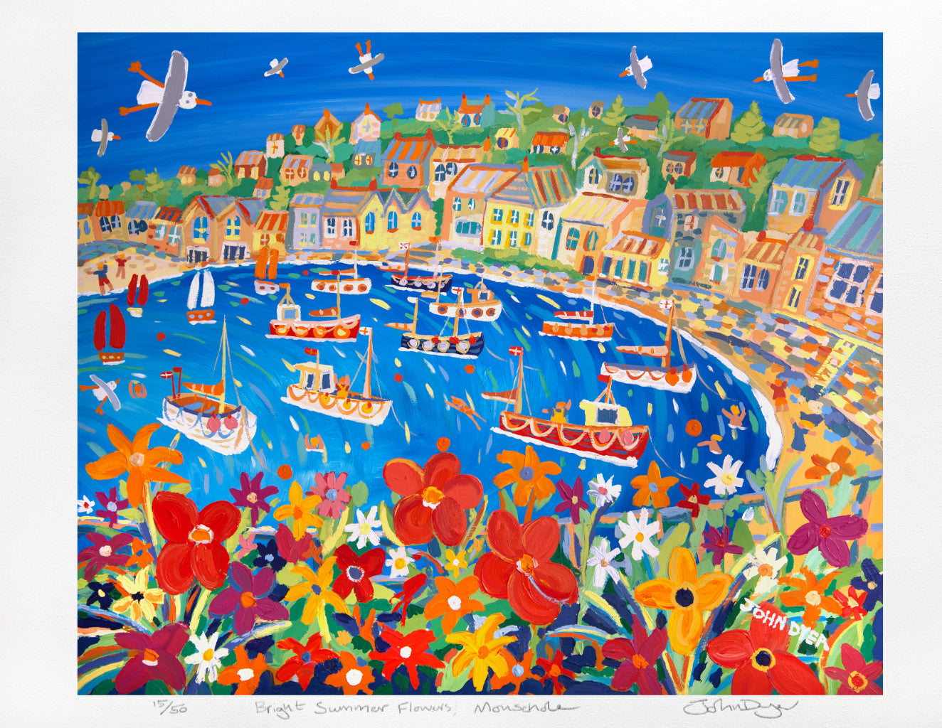 Signed Limited Edition Print by Cornish Artist John Dyer. 'Bright Summer Flowers, Mousehole'. Cornwall Art Gallery Print