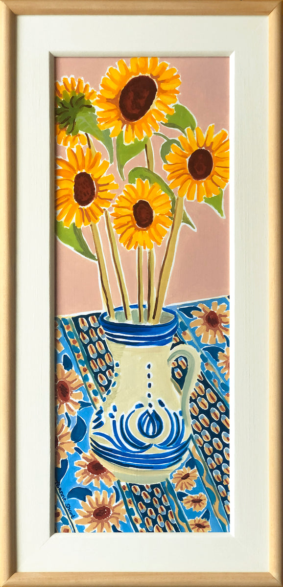 Original Still Life Painting by Joanne Short. Yellow Sunflowers and Blue Tablecloth. Provence, France.