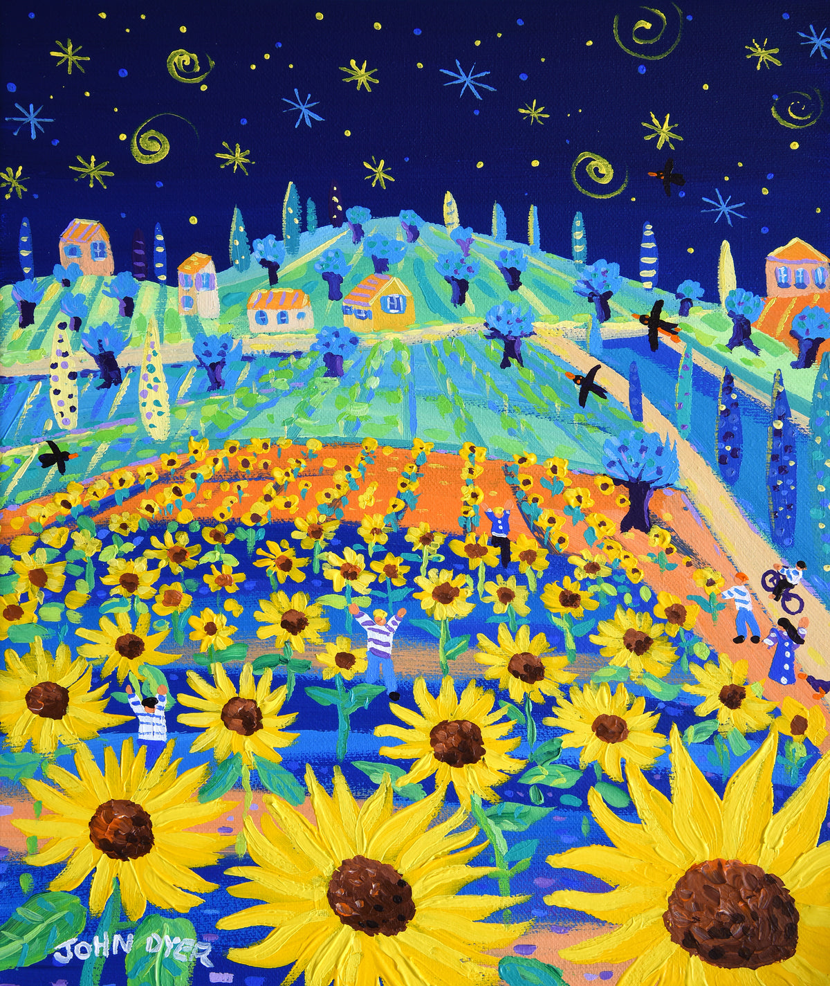 John Dyer Painting. Sunflowers and Stars. 12 x 10 inches acrylic on canvas