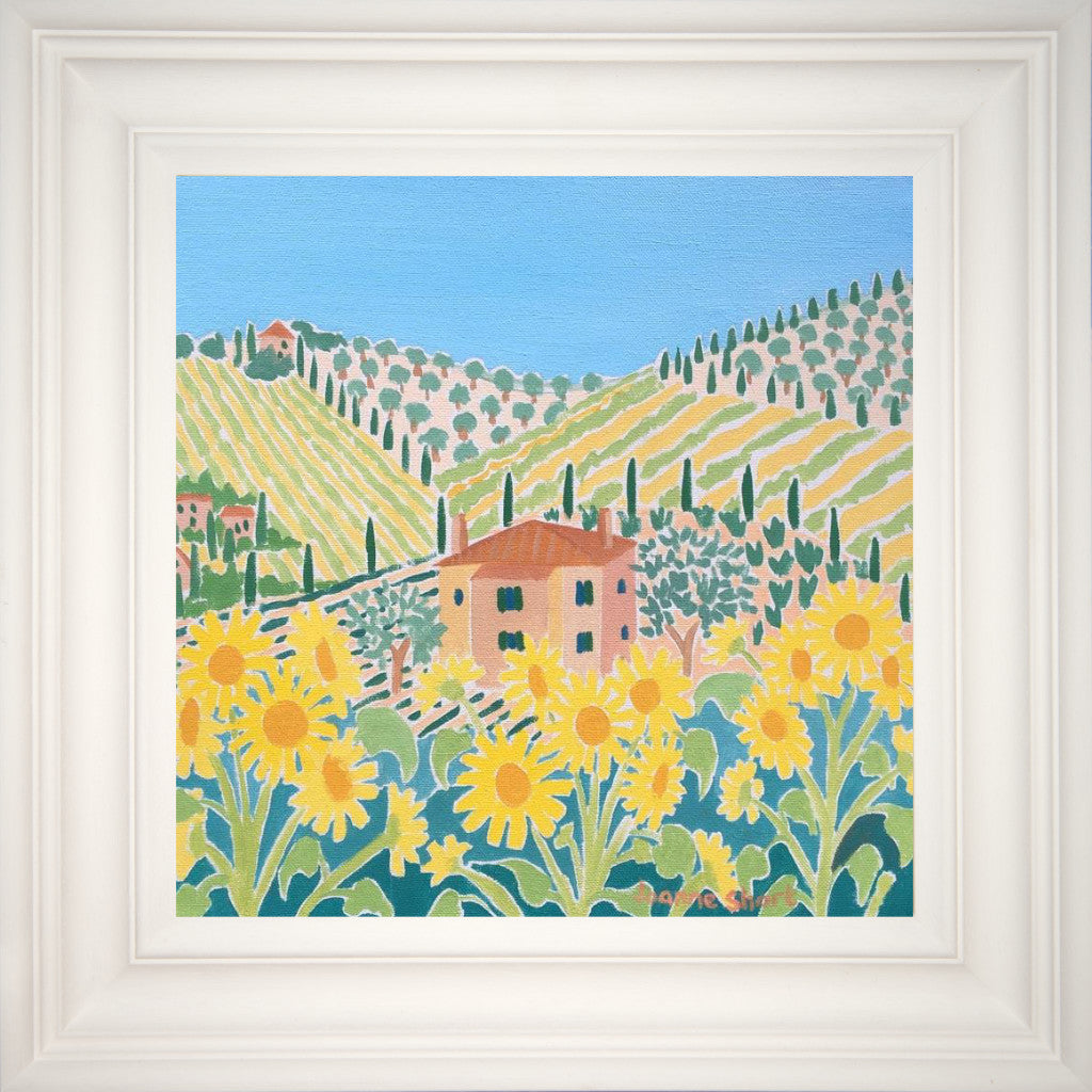 What better flower to lighten the mood and bring a smile to one&#39;s face than the sunflower which in itself transports us to the Italian hillsides. In this painting the hillside is covered with vines and olive trees and a beautiful Tuscan villa nestled amongst all the Italian vegetation. Painted by acclaimed British artist Joanne Short this is Italy at its best.