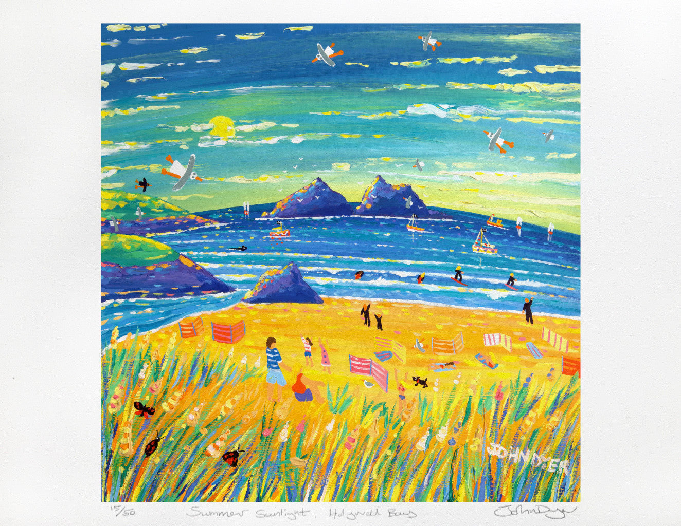 Limited Edition Print by Cornish Artist John Dyer. 'Summer Sunlight, Holywell Bay'. Cornwall Art Gallery Print