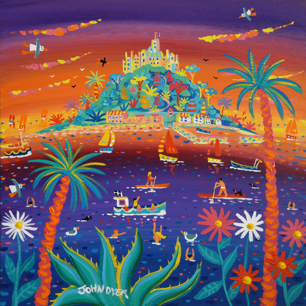 A wonderful painting full of colour, light and narrative by artist John Dyer that captures the sunset at St Michael's Mount in Cornwall. Sailing boats and paddle boarders drift past the sub tropical plants, palm trees and agave. The castle and the Mount glow in the setting sun. A stunning painting of Cornwall by this acclaimed artist.