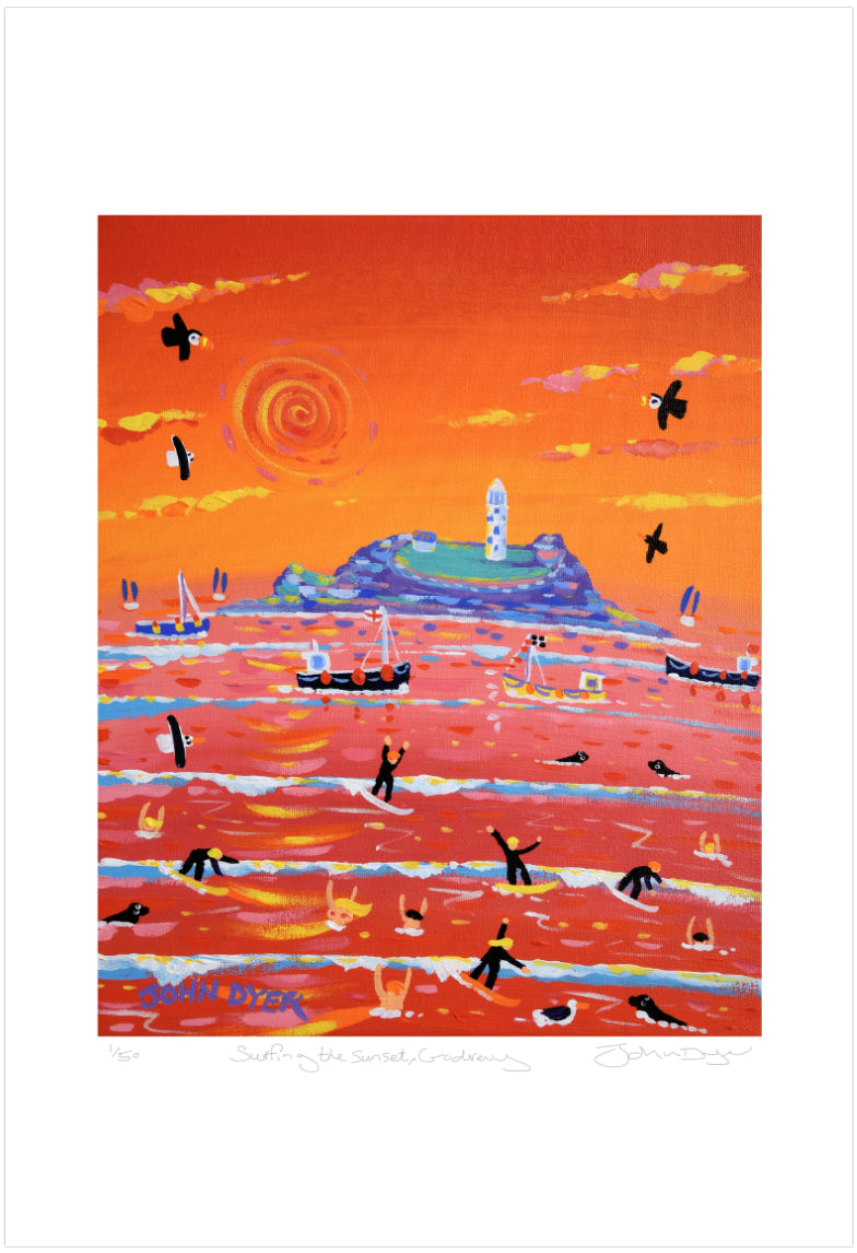Signed Limited Edition Print by Cornish Artist John Dyer. &#39;Surfing the Sunset, Godrevy&#39;. Cornwall Art Gallery print