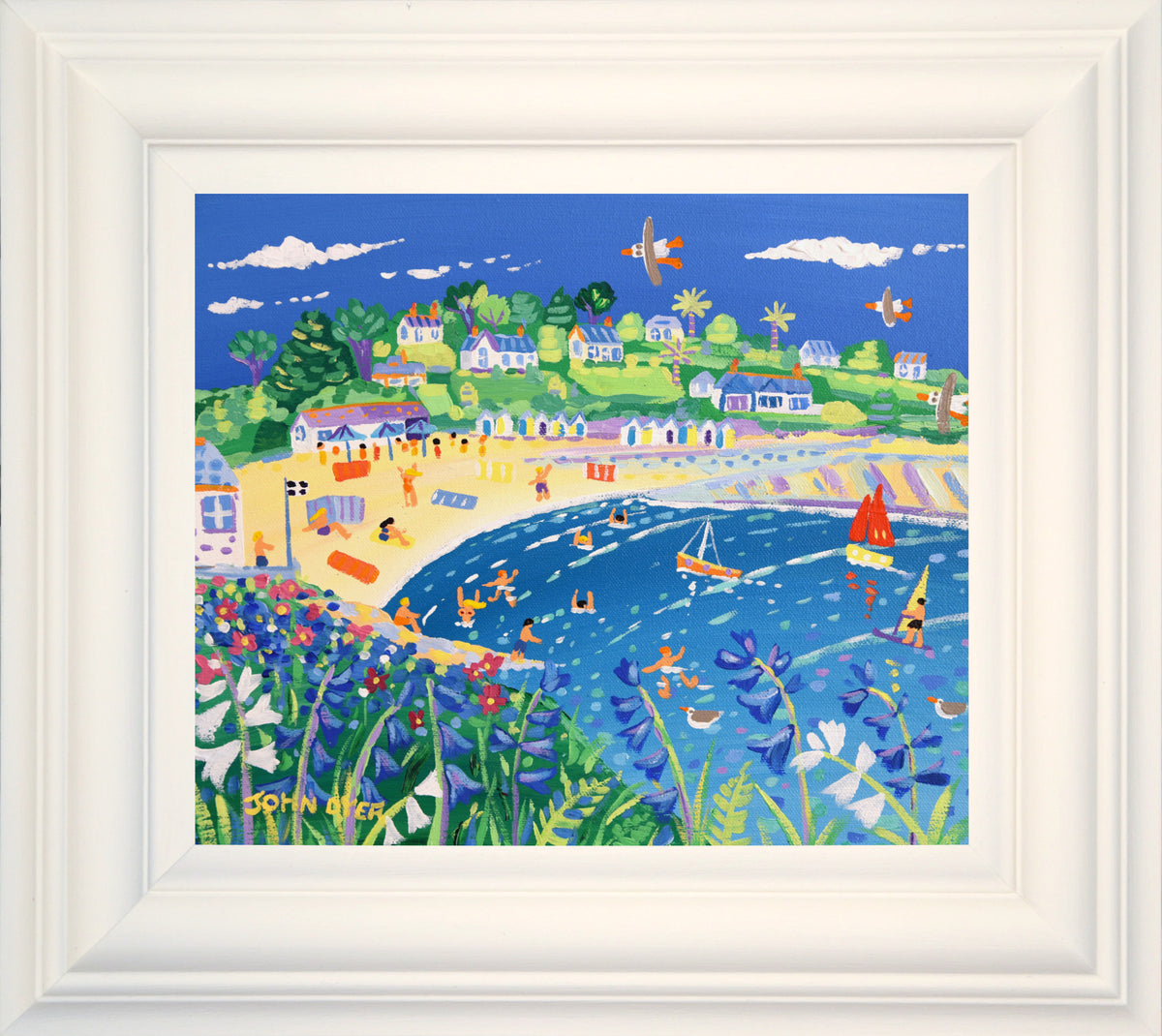 John Dyer Painting. Fun in the Sun, Swanpool Beach.  10 x 12 inches, acrylic on canvas