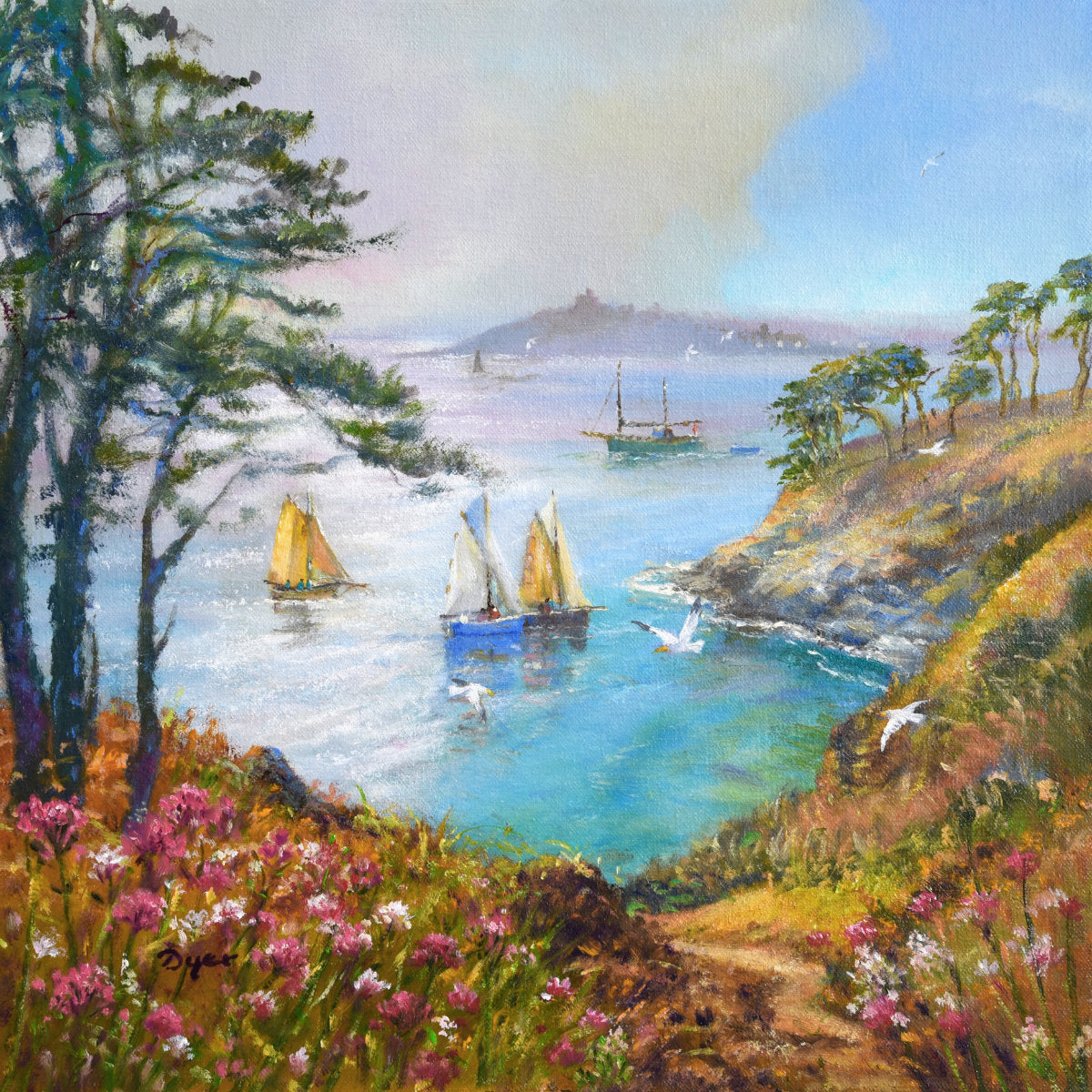 'Along the Coast Path, St Anthony Head', 14x14 inches oil on canvas. Cornwall Painting by Cornish Artist Ted Dyer. Cornish Art from our Cornwall Art Gallery