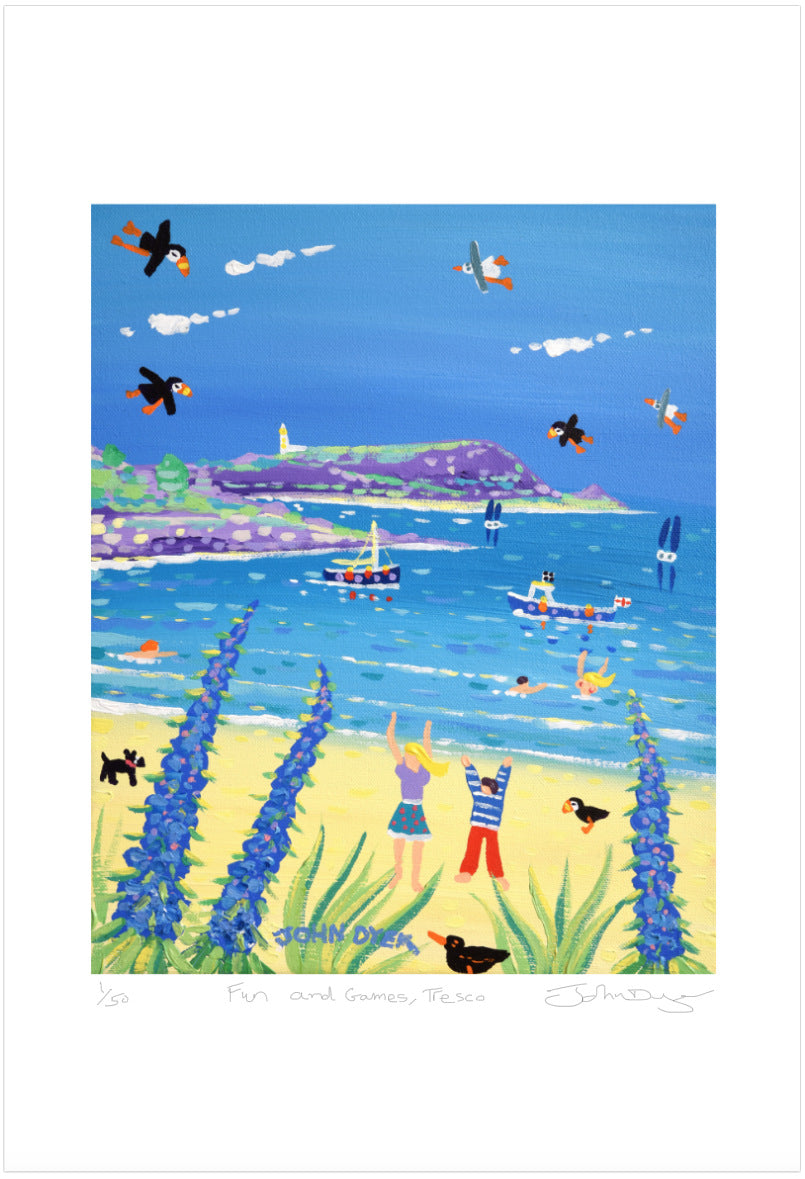 Isles of Scilly Signed Limited Edition Print by Cornish Artist John Dyer. &#39;Fun and Games, Tresco&#39;. Tresco Gallery Art Print