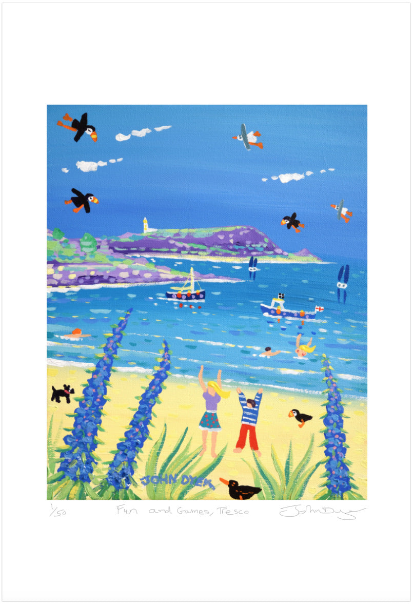 Isles of Scilly Signed Limited Edition Print by Cornish Artist John Dyer. 'Fun and Games, Tresco'. Tresco Gallery Art Print