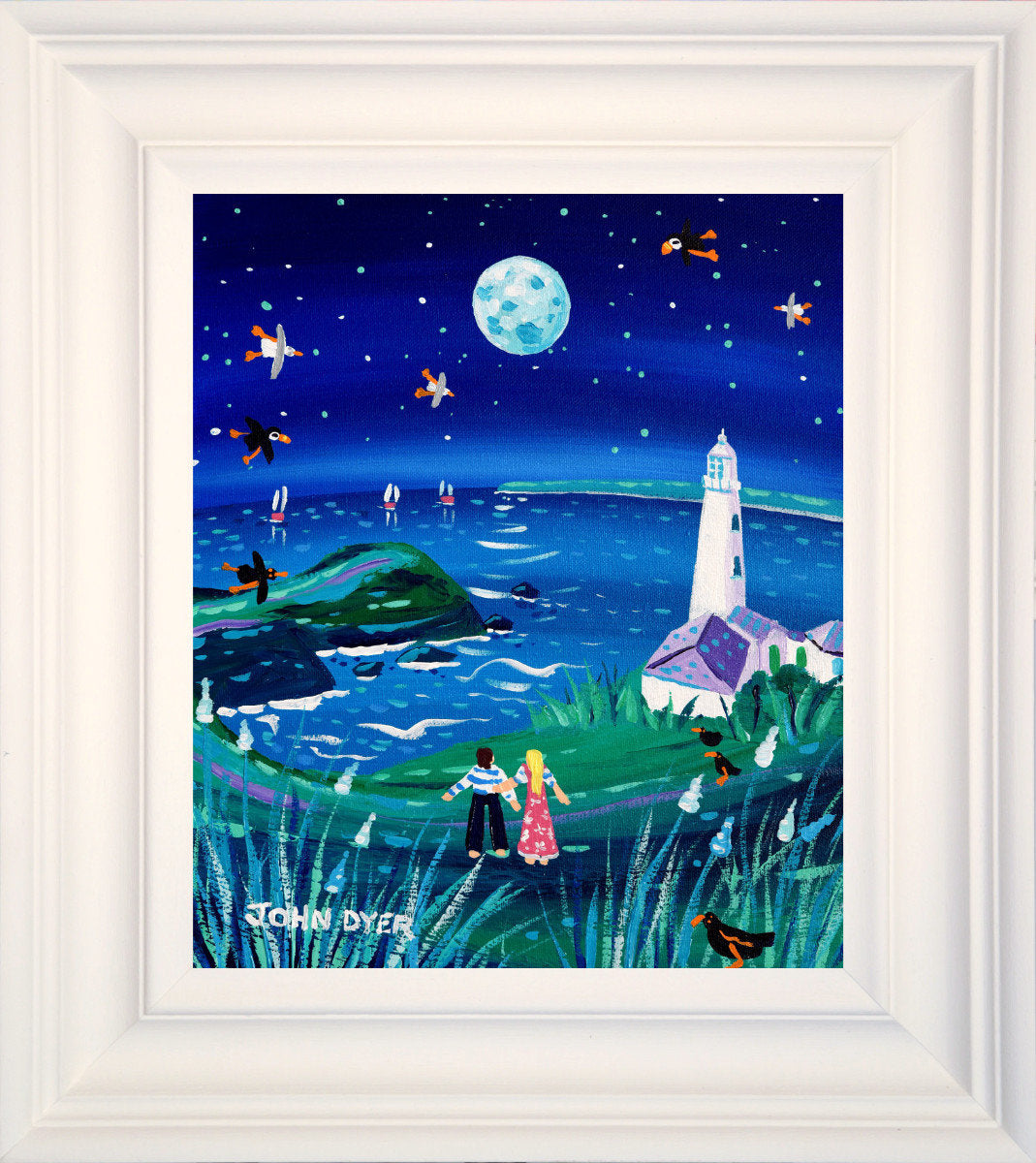 &#39;Meditating under the Moon, Trevose Head Lighthouse&#39;, 12 x 10 inches original art acrylic on canvas. Paintings of Cornwall by Cornish Artist John Dyer from our Cornwall Art Gallery