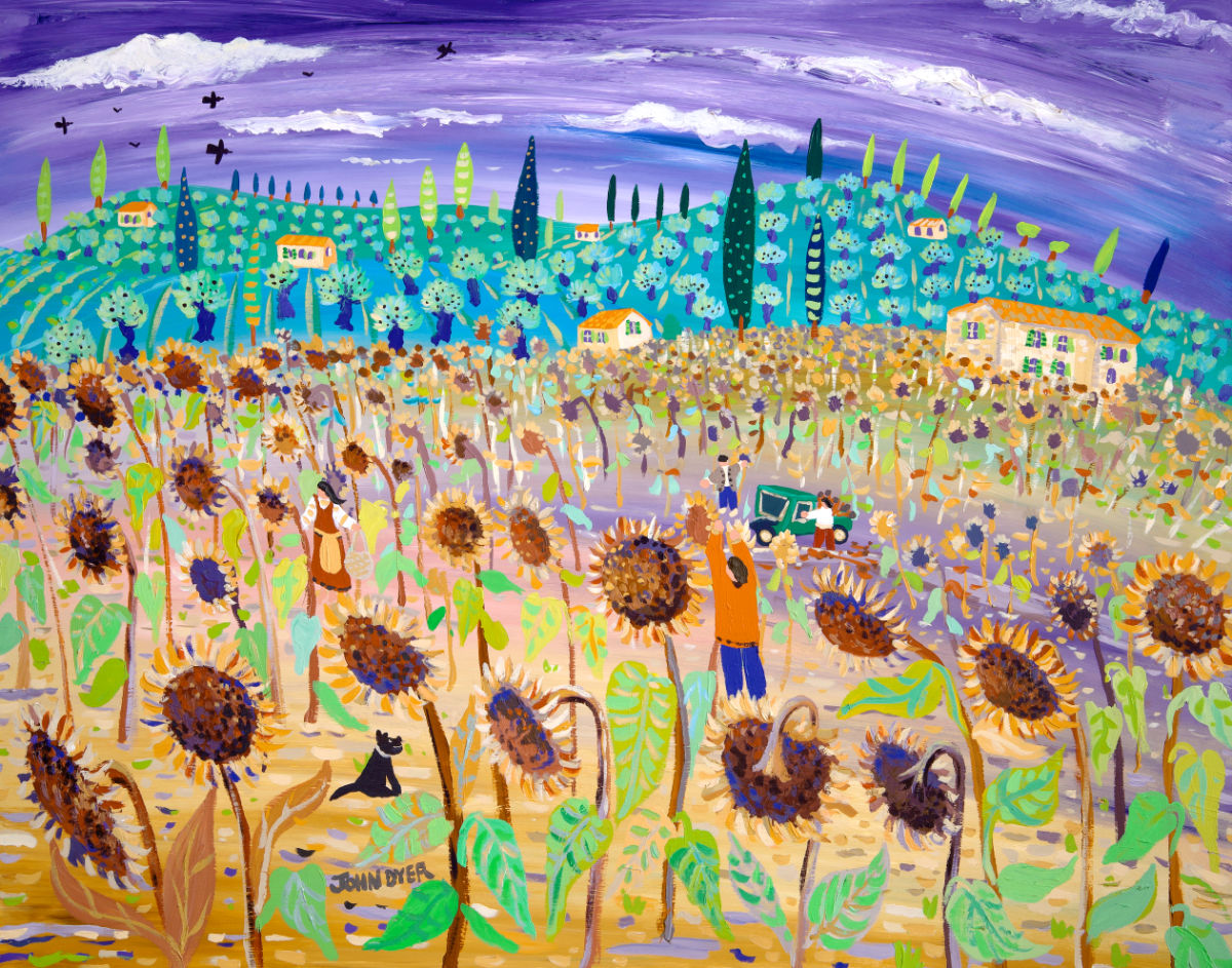 Original Painting of the Sunflower Harvest in Tuscany, Italy. by John Dyer. &#39;Sun Dried Faces&#39;. Italian Art Gallery
