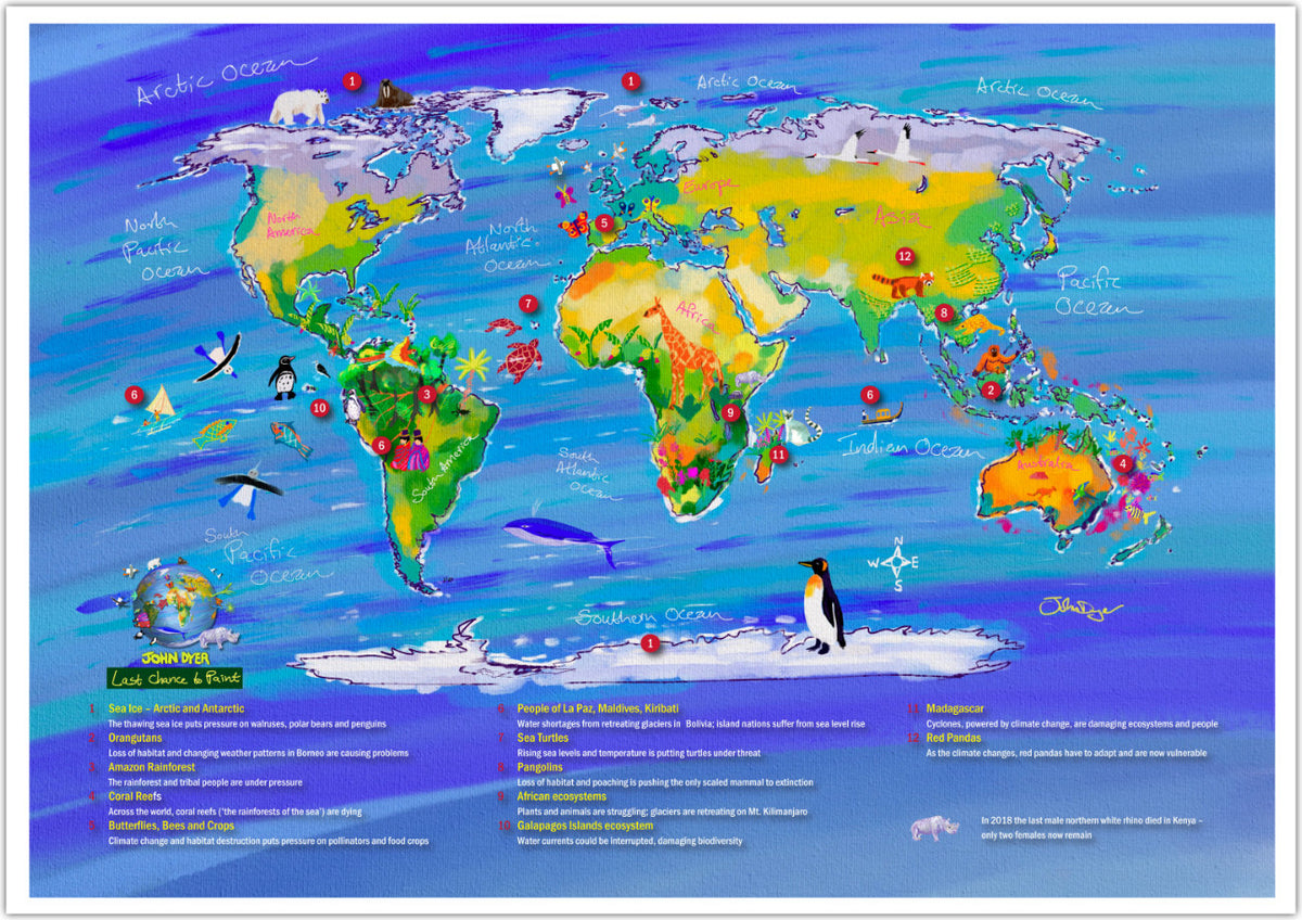 climate change world map poster print showing wildlife by artist John Dyer. Last Chance to Paint.