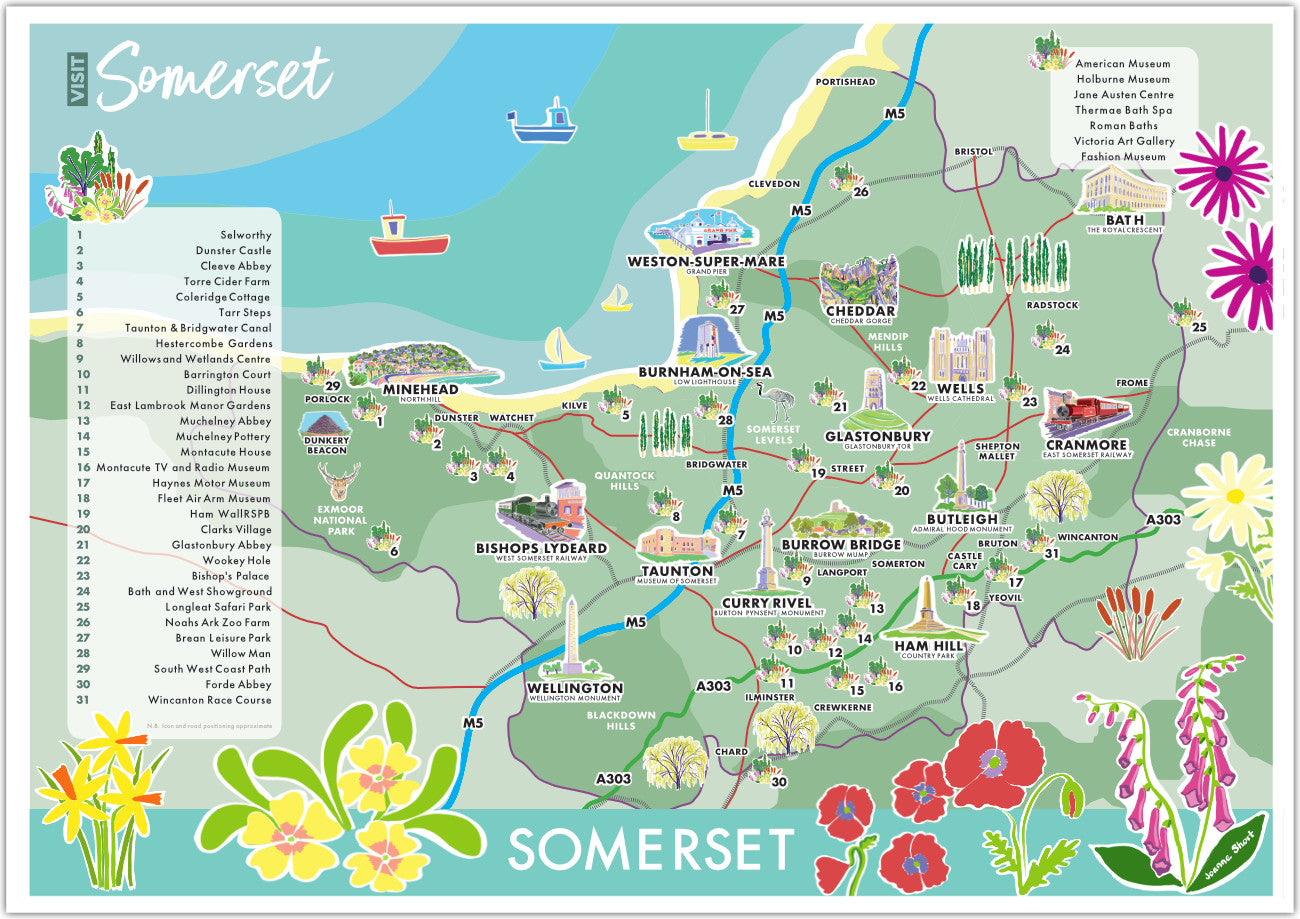 Vintage Style Travel Poster by Joanne Short. Illustrated Art Map of Somerset for Visit Somerset