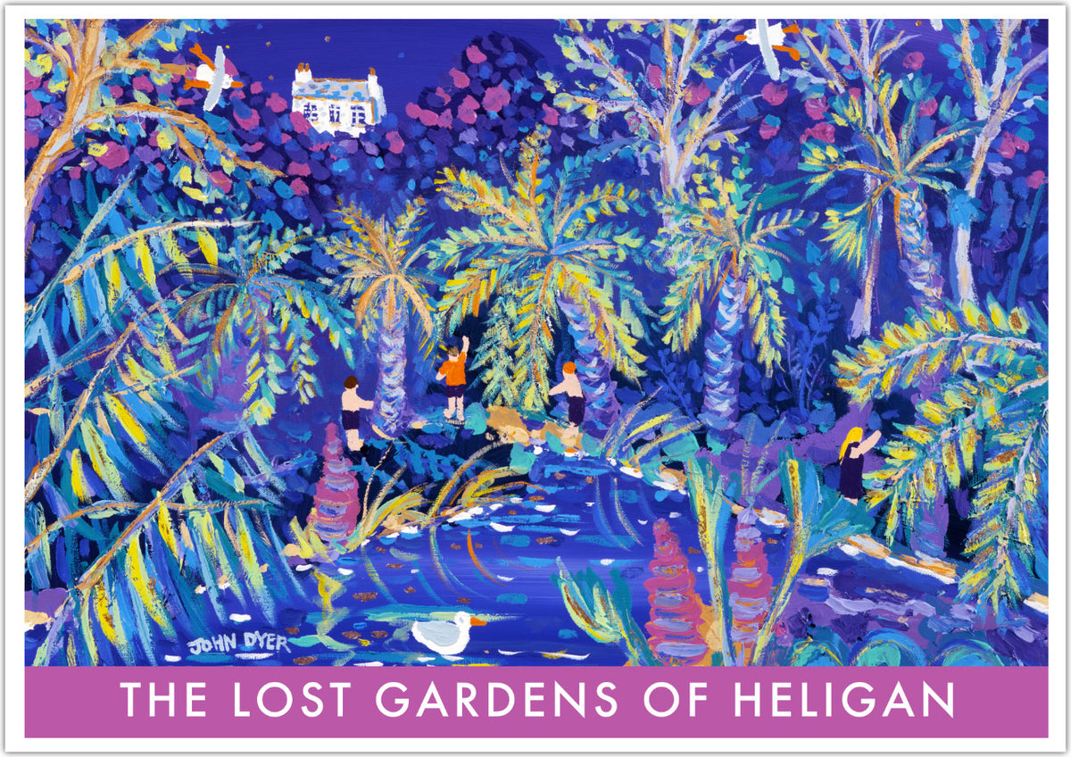 Pinks and blues create a magical feel to this John Dyer fine art poster print of the Lost Gardens of Heligan in Cornwall. Bamboo, gunnera, tree ferns, palms &amp; rhododendrons create a really special image of this world famous garden. Available unframed or framed in a range of popular sizes and ready to hang on your wall.