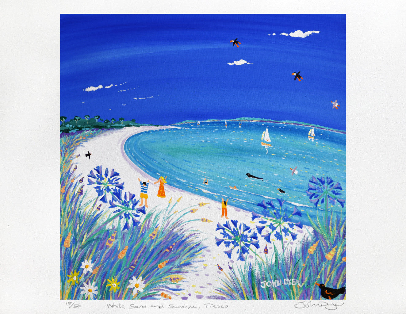 Limited Edition Print by Cornish Artist John Dyer. White Sand and Sunshine, Pentle Bay, Tresco. Cornwall Art Gallery Print.
