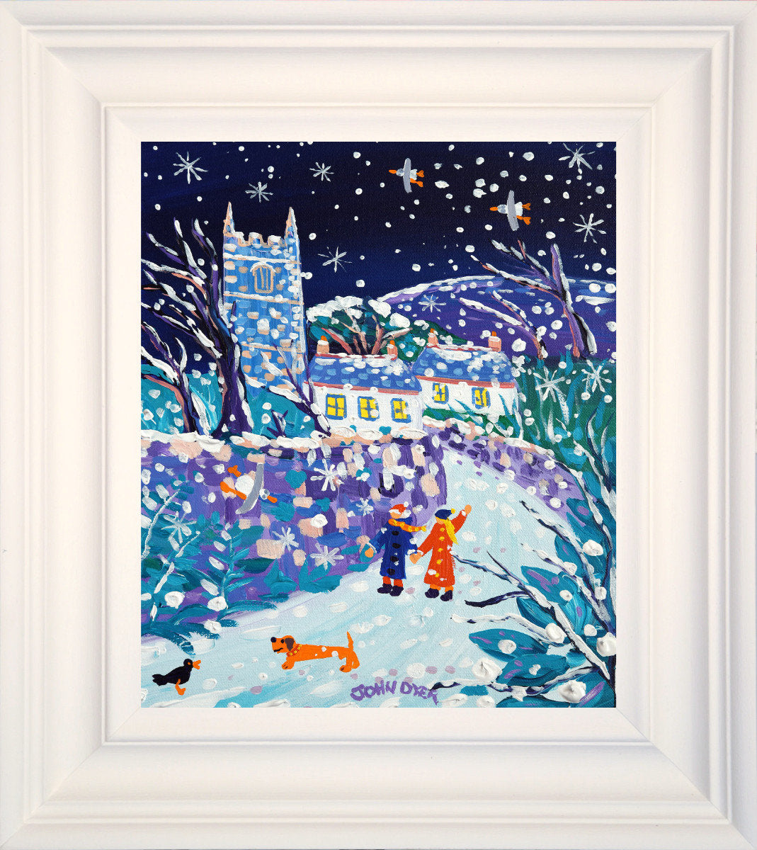 &#39;Walking in the Snow, Zennor&#39;, 12 x 10 inches original art acrylic on canvas. Paintings of Cornwall by Cornish Artist John Dyer from our Cornwall Art Gallery